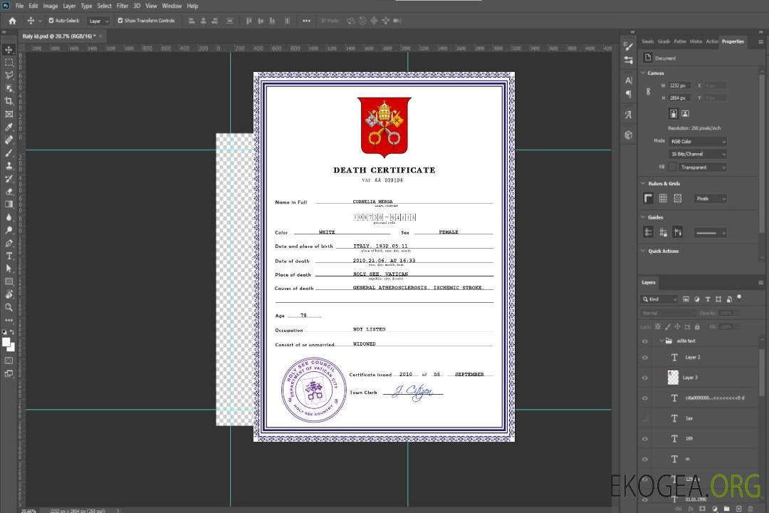 Modèle PSD de certificat de décès d'état civil du Saint-Siège template Modèle PSD de certificat de décès d'état civil du Saint-Siège template